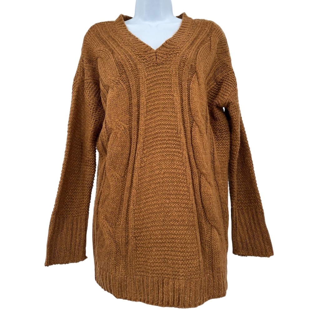 HIPPIE ROSE Cable Knit Sweater V-Neck Cinnamon Brown Long Sleeves Women's Large